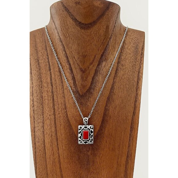 Vintage Sterling Silver 925 Ornate Rectangle Red Stone Enamel Pendant 1" X .75" - Picture 1 of 6